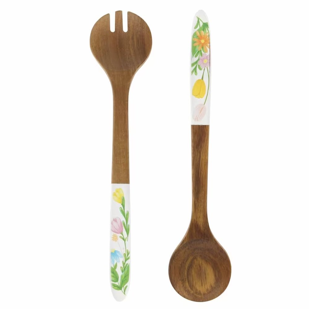Floral Wooden Salad Serving Set